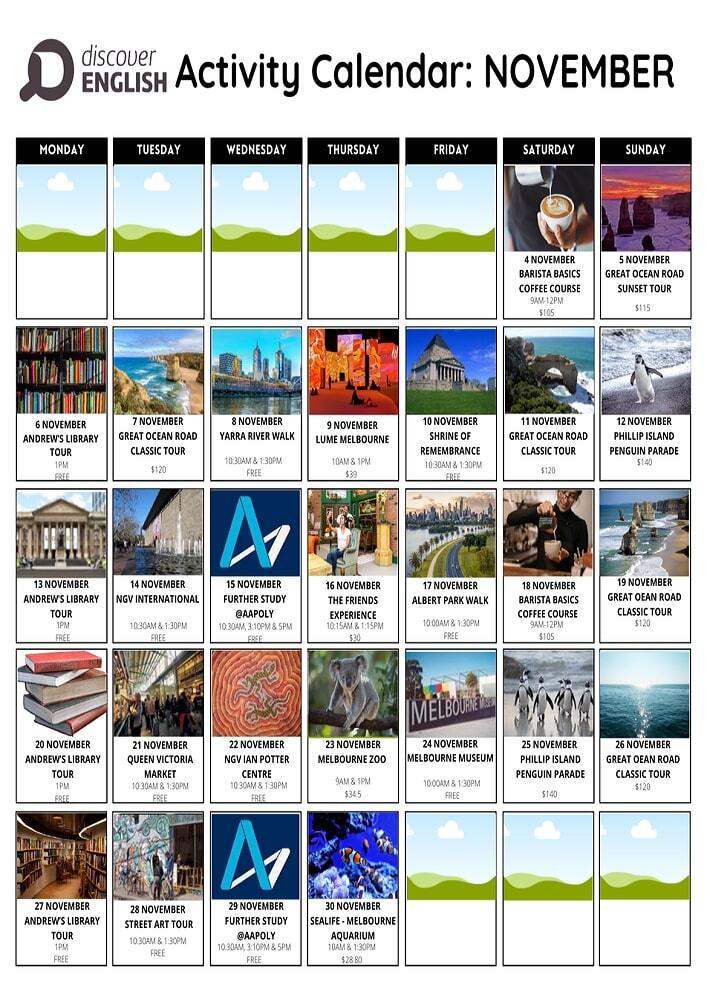 オーストラリア留学 メルボルン留学 ワーキングホリデー Discover ディスカバーイングリッシュ 2023.11月 月間アクティビティ タイムテーブル ライフアブロード 東京 名古屋駅